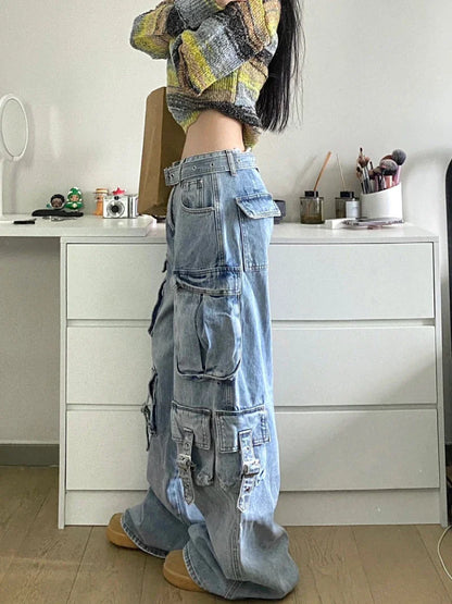 maoxiangshop Autumn Winter New Ladies Cargo Jeans American Street Style Baggy Cargo Pants Women Blue Multi-pocket Wide Leg Jeans for Women