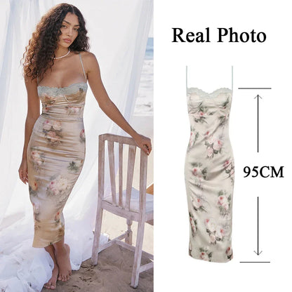 Elegant Summer Spaghetti Strap Bodycon Dress Sexy Floral Printing Birthday Party Dresses Midi Women Dress