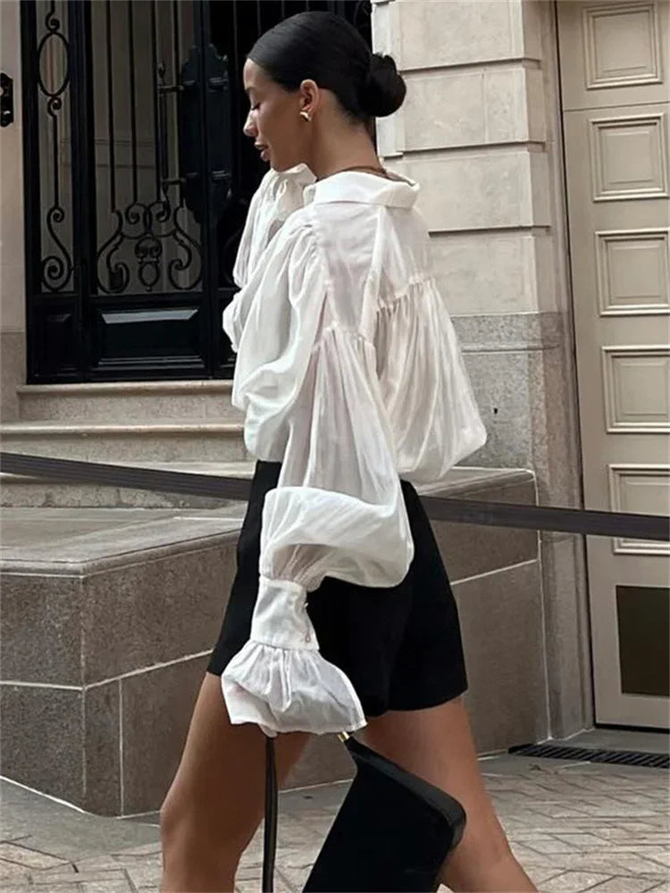 maoxiangshop  -  Autumn See-Through Casual Shirts Top For Women Loose Slim Long Sleeve Lapel Cardigan Streetwear Women's Pleated Shirts Top