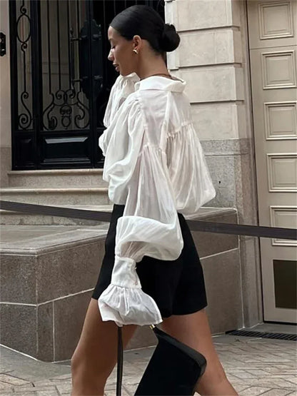 maoxiangshop  -  Autumn See-Through Casual Shirts Top For Women Loose Slim Long Sleeve Lapel Cardigan Streetwear Women's Pleated Shirts Top