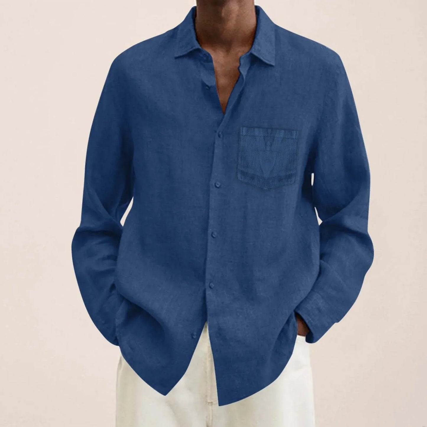 maoxiangshop Male Summer Cotton Linen Solid Casual Plus Size Loose Shirt Mens Turn Down Long Sleeve Shirt