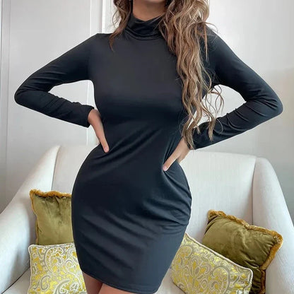 maoxiangshop Long Sleeve Ruched Bodycon Dress Women Turtleneck Bandage Mini Dresses Autumn Red Skinny Stretchy Party Vestidos