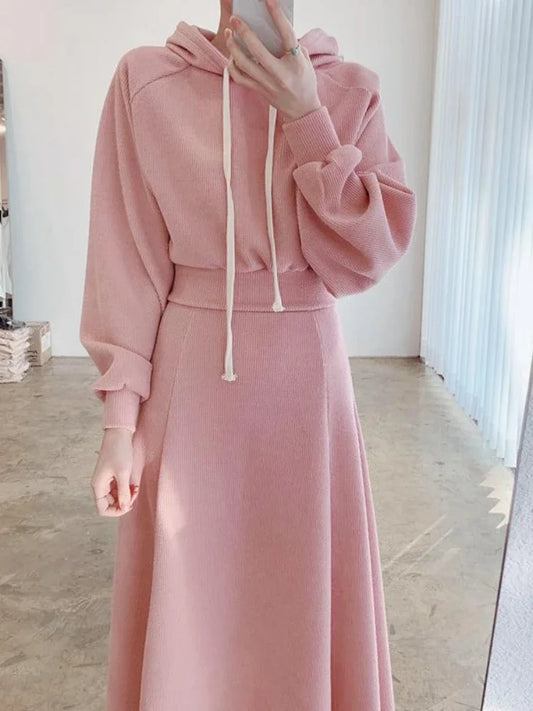 maoxiangshop maoxiangshop- Spring  Autumn New Korean Women's Skirt Set Hooded Long Sleeve Hoodies Tops High Waisted Half Length Skirt 2 Piece Sets Womens