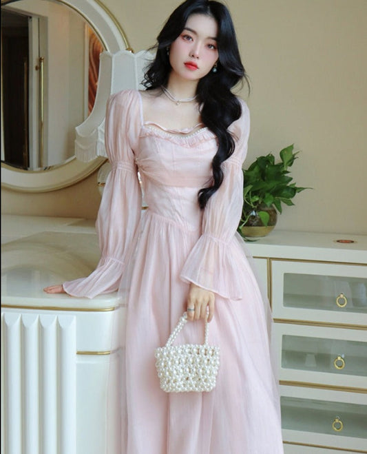 maoxiangshop Elegant Evening Party Midi Dress Women Bubble Sleeve French Vintage Sweet Dress Female Pink Korean Style Fairy Dress Autumn