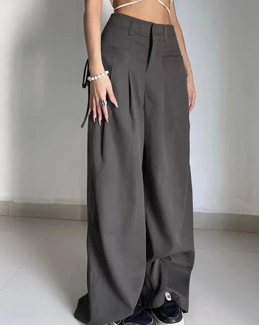 maoxiangshopShirring Casual Wide Leg Pants Women High Waist Street Basic Loose Sweat Trousers Korean Retro Gray Office Lady Pants