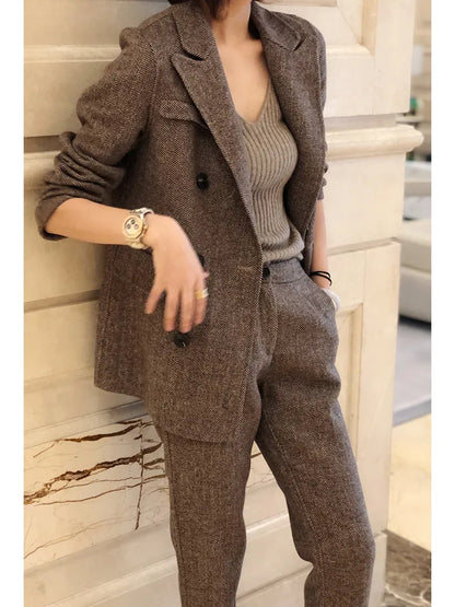 Women Woolen Blazer and Pantsuits Chic Elegant Korean Fashion Trousers Outfits Autumn New Female Suit Jacket 2 Piece Sets