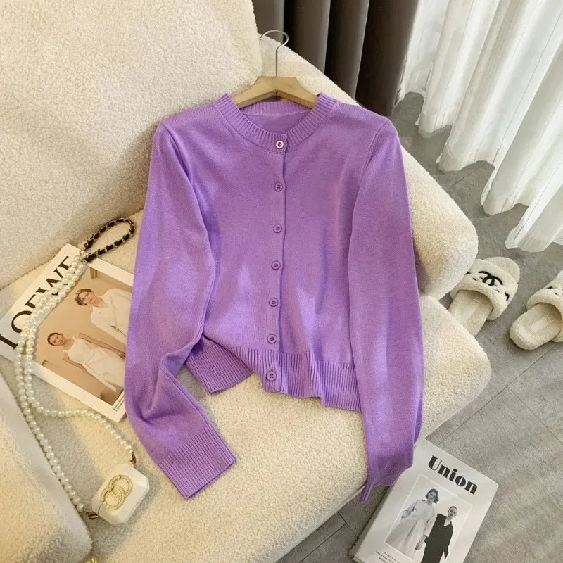 maoxiangshop  -  Knitted Slim Cardigan Women's Autumn Solid Single-Breasted Long-Sleeved Cardigan Top Casual Loose Short Knitted Cardigan