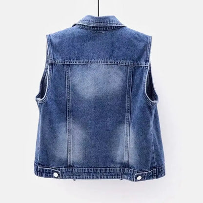 maoxiangshop Denim Women Vest Luxury Pearls Fashion Ripped Autumn Plus Size Jeans Jacket Sleeveless Loose Short Coat Causal Waistcoats