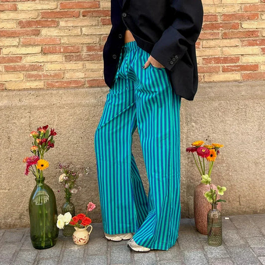 Women's Y2K Vintage Summer Baggy Long Pants Drawstring Elastic Low Waist Wide Leg Striped Trousers with 2 Pockets