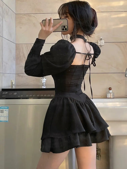 maoxiangshop Black Vintage 3 Piece Skirt Set Women Sexy Lolita Y2k Mini Skirt Suit Female Casual Korean Fashion Long Sleeve Retro Set