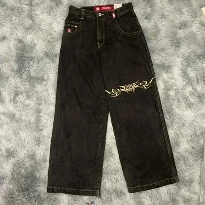 Jeans New Y2K Women Harajuku Retro Hip Hop Cartoon Embroidery Baggy Jeans Black Pants High Waisted Wide Trousers Streetwear