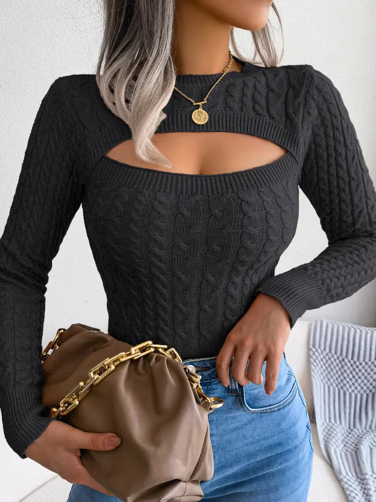 Women's Pullover Autumn Winter 2023 Sexy Elegant Hollow Long Sleeve Knitted Top Casual Vintage Crop O-neck Slim Fit Knit Sweater