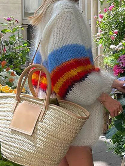 maoxiangshop  -  Color Striped Contrast Cardigan Women Autumn Long Sleeve Open Front Sweater 2024 New Streetwear Fashion Knitted Jumper Outerwear