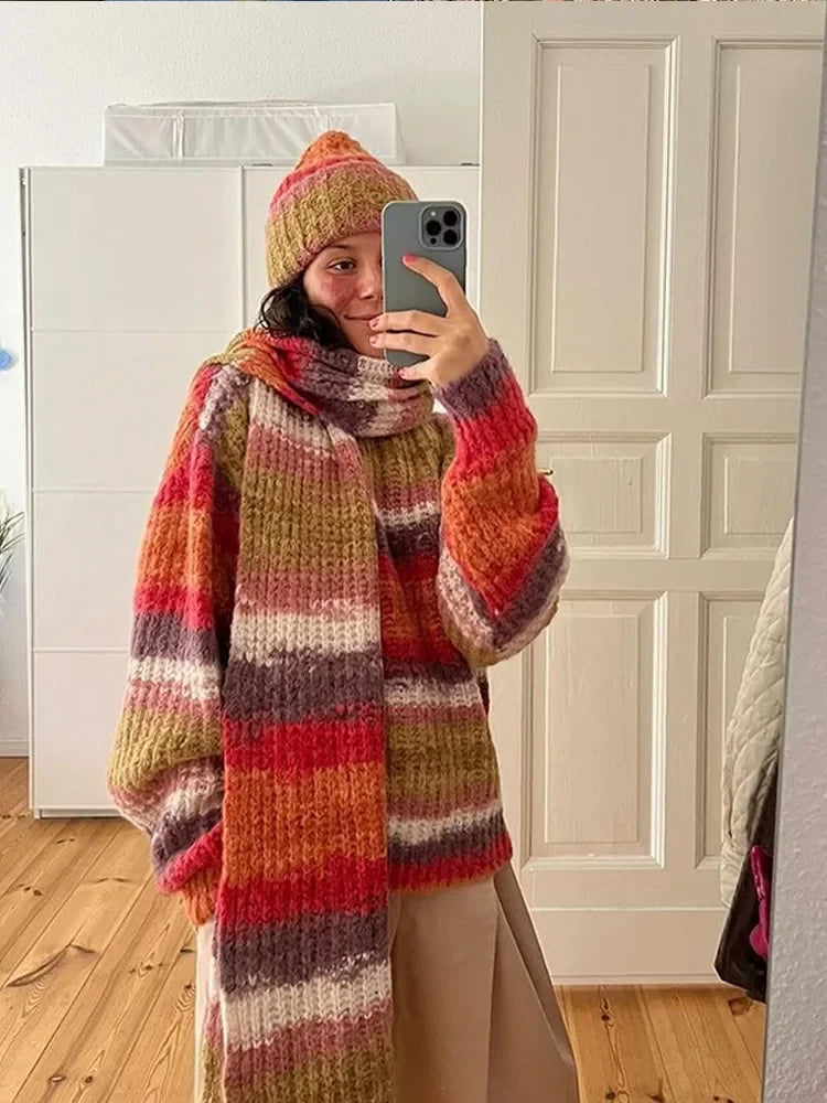 maoxiangshop  -  Women Casual Colorful Stripes With Scarf Knitted Pullover Fashion Full Sleeve Cashmere Sweater New Lady Autumn Winter Knitwear