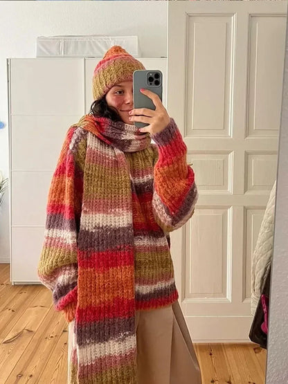 maoxiangshop  -  Women Casual Colorful Stripes With Scarf Knitted Pullover Fashion Full Sleeve Cashmere Sweater New Lady Autumn Winter Knitwear