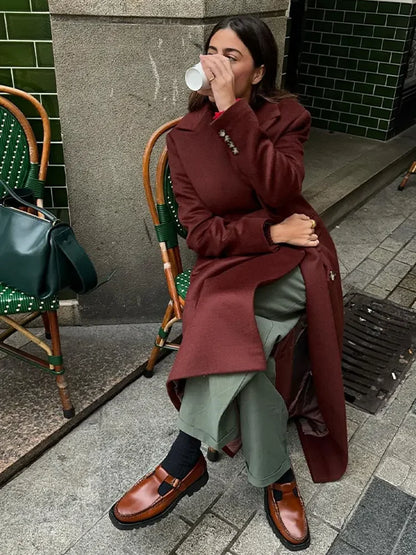 maoxiangshop -  Winter Vintage Solid Wool Blends Long Coats Women Turndown Collar Double Breasted Jacket Office Lady Street Long Sleeve Overcoat