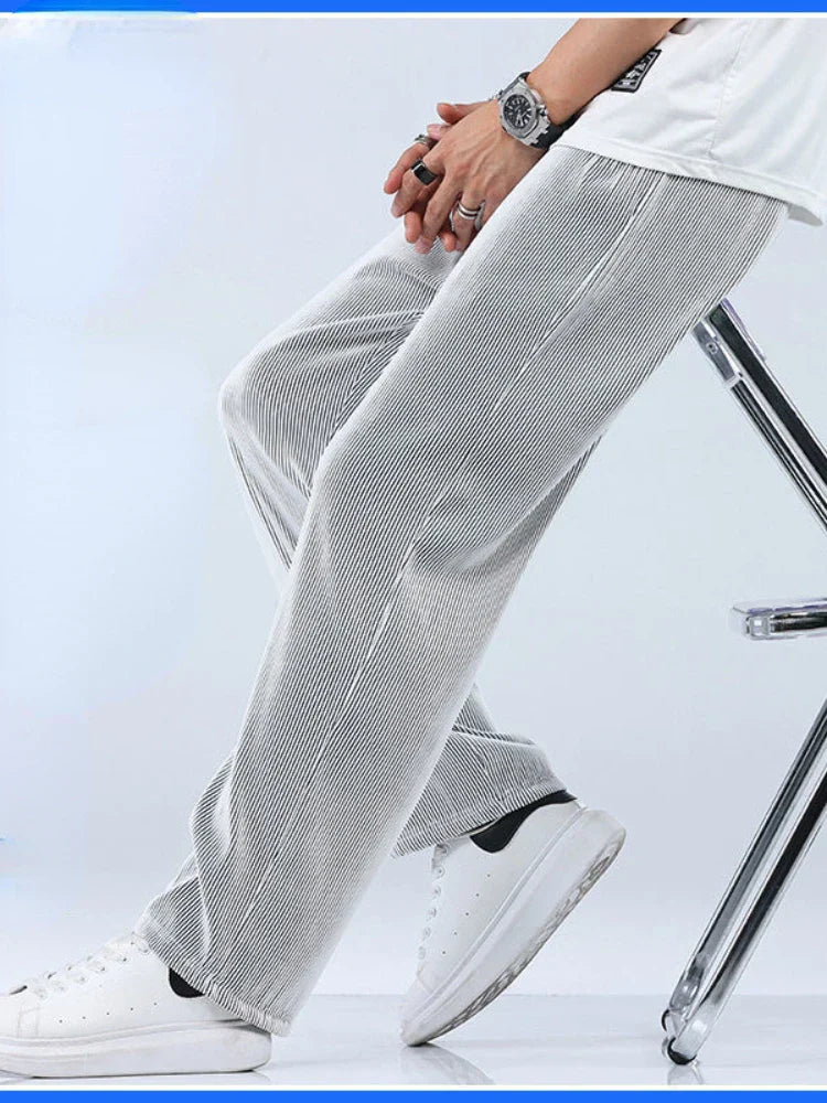 maoxiangshop Summer Straight Pants Men's Loose Thin Section Drape Ice Silk Pants Wide Leg Sports Pants Casual Pants Fits 100kg