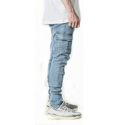 maoxiangshop Jeans Men Pants Casual Cotton Denim Trousers Multi Pocket Cargo Jeans Men New Fashion Denim Pencil Pants Side Pockets Cargo
