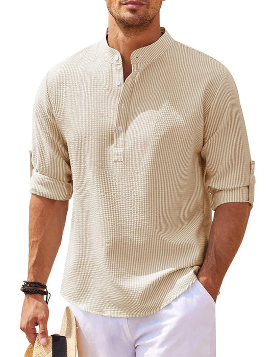 maoxiangshop Cotton Linen Hot Sale Men's Long-Sleeved Shirts Spring Autumn Solid Color Stand-Up Collar Casual Beach Style Plus Size S-5XL