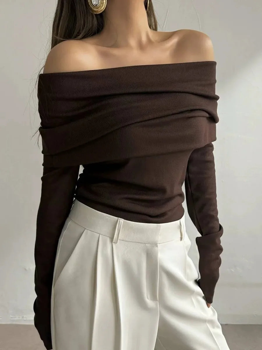 maoxiangshop  -  Women's Sweater Pullovers Long Sleeve Knitted One-Shoulder Sexy Slim Top Solid Color Autumn Winter 2024 Fashion Casual