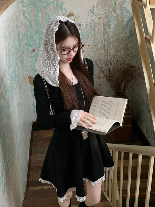 maoxiangshop  -  Elegant Black Mini Dress for Women Lace Hooded Vintage Long Sleeve A-line Dress French Style Fashion Spring Autumn Dress