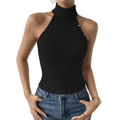 maoxiangshop 2024 New Spring Summer Women Fashion Turtleneck Sleeveless Black Sexy Y2k Knitted Tees Femme Sweater Button Tank