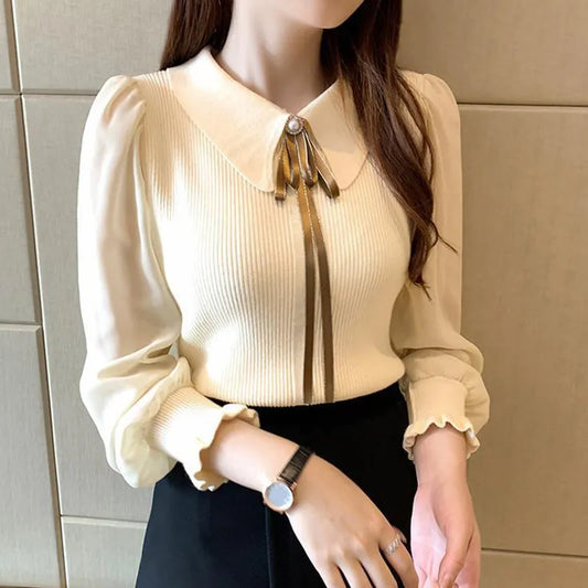 maoxiangshop Women Chiffon Patchwork Sweater Lantern Sleeve Turn-down Collar Pullover Office Lady Sweater For Women Autumn