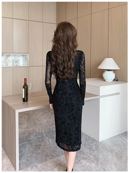 maoxiangshop Vintage Sexy Black Lace Long Sleeve Midi Dresses Women Spring Autumn Korean Elegant Fashions Evening Party Female Clothing