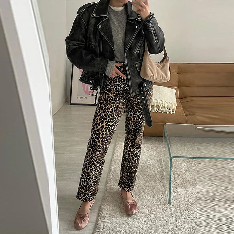 maoxiangshop  -  Leopard Printed Long Pants Women's 2024 Spring Autumn Slim Single Button Pencil Trousers Female Stylish High Waist Ladies Pants