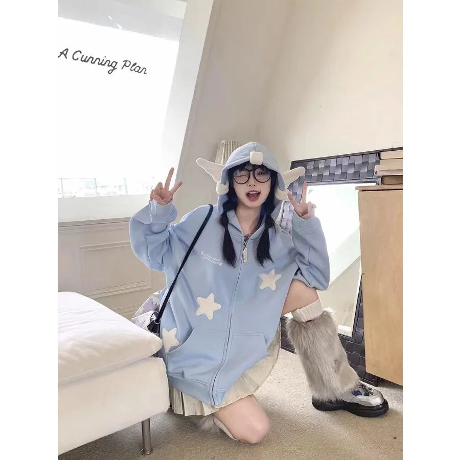 maoxiangshop Lazy and Cute Star Wing Hoodie for Women in Autumn and Winter American Retro Niche Couple Versatile Loose Hooded Oversized Top
