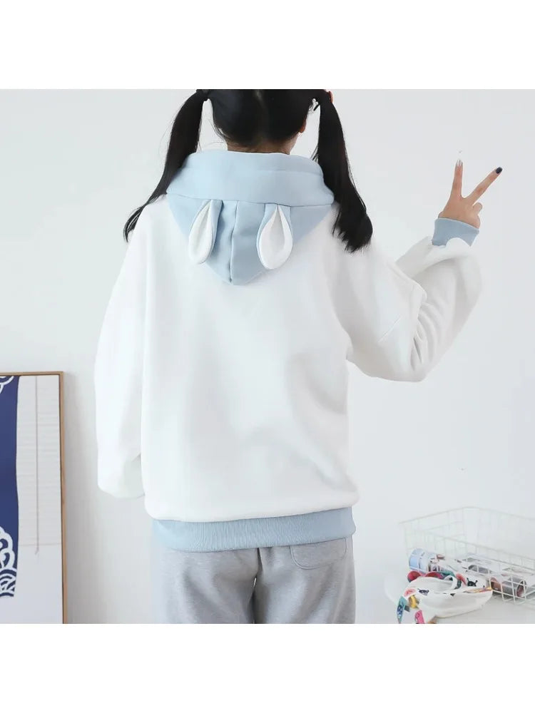 maoxiangshop Kawaii Women Hoodies Winter Long Sleeve Drawstring Fleece Hooded Sweatshirt Female Harajuku Rabbit Print Pullover Top