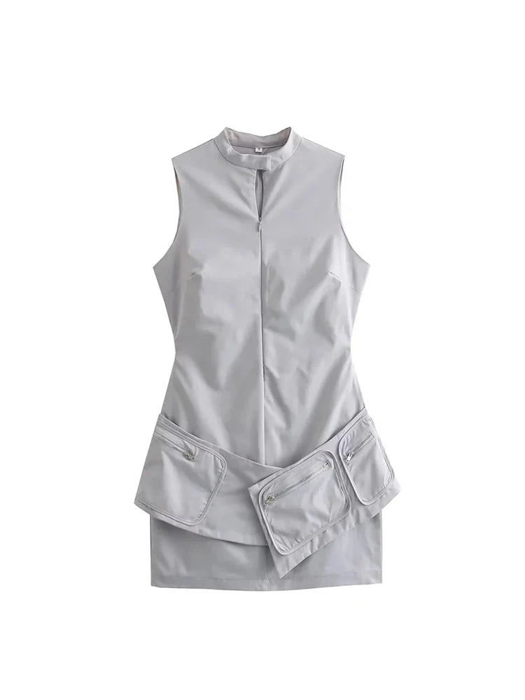 maoxiangshop  -  Womens Fashion Streetwear High Waist Gray Short Dress Ladies Autumn New Casual Sleeveless High Collar Mini Dresses