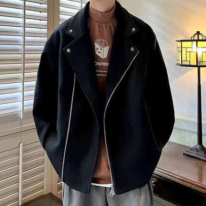 maoxiangshop MEN WINTER OUTFIT Winter Thickened Short Woolen Coat Men Warm Casual Zipper Woolen Jacket Men Korean Loose Thick Woolen Coat Mens Jackets Coat
