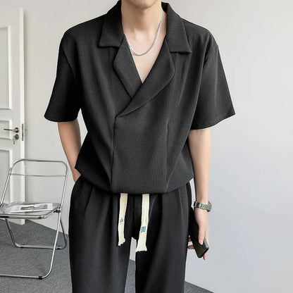 maoxiangshop Summer Pleated Sets Men Fashion Casual Short Sleeved T shirt/Trousers Two-piece Mens Korean Loose Ice Silk Sets Men 3-color