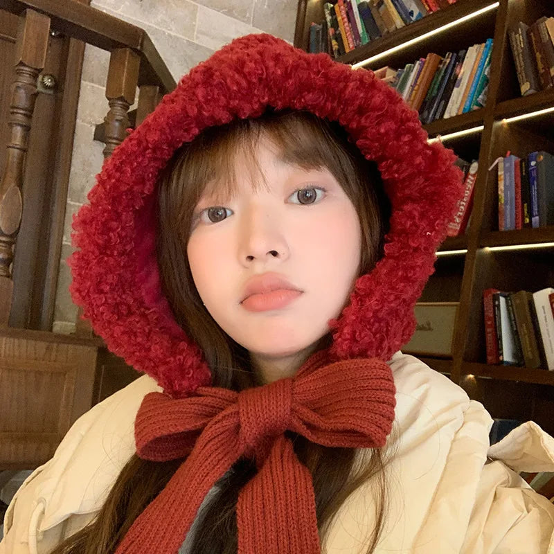 maoxiangshop  -  Lamb Wool Beanies for Women Winter Plush Warm Pullover Hats Thickened Windproof Ear Protection Cap Red Steeple Christmas Bonnets