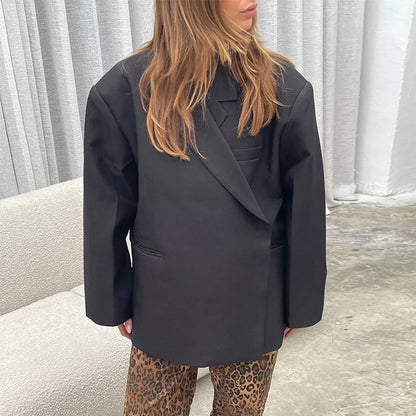 maoxiangshop  -  Loose Slanted Placket Suit Jacket Women Autumn Oversize Solid Suits Coat Female Elegant Casual Hidden Button Lapel Slit Coats