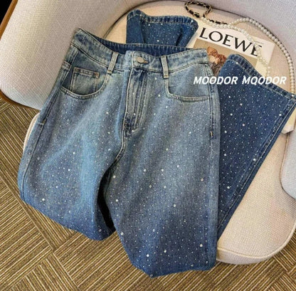 maoxiangshop Vintage Dot Print High Waist Wide Leg Baggy Y2K Jeans Pants Korean Fashion Women High Street Style Blue Straight Denim Trouser