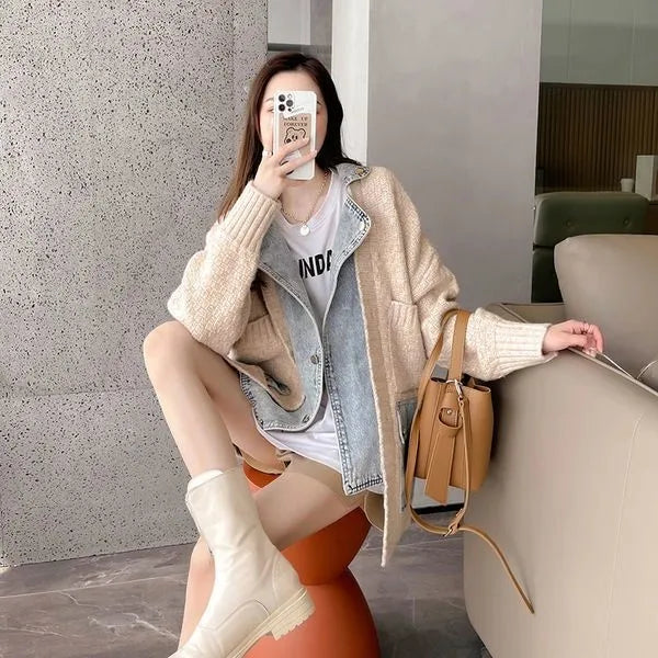 2023 Spring Autumn Denim Patchwork Loose Lazy Style Thickened Clothes Knitted Sweater Coat Cardigan Top Women