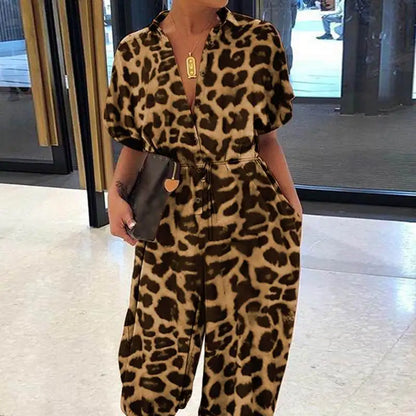 maoxiangshop Leopard Printed Jumpsuit Women Summer New Short Sleeves Leace-up Pocket Casual Jumpsuits Fashion Vintage Ladies Bodysuits