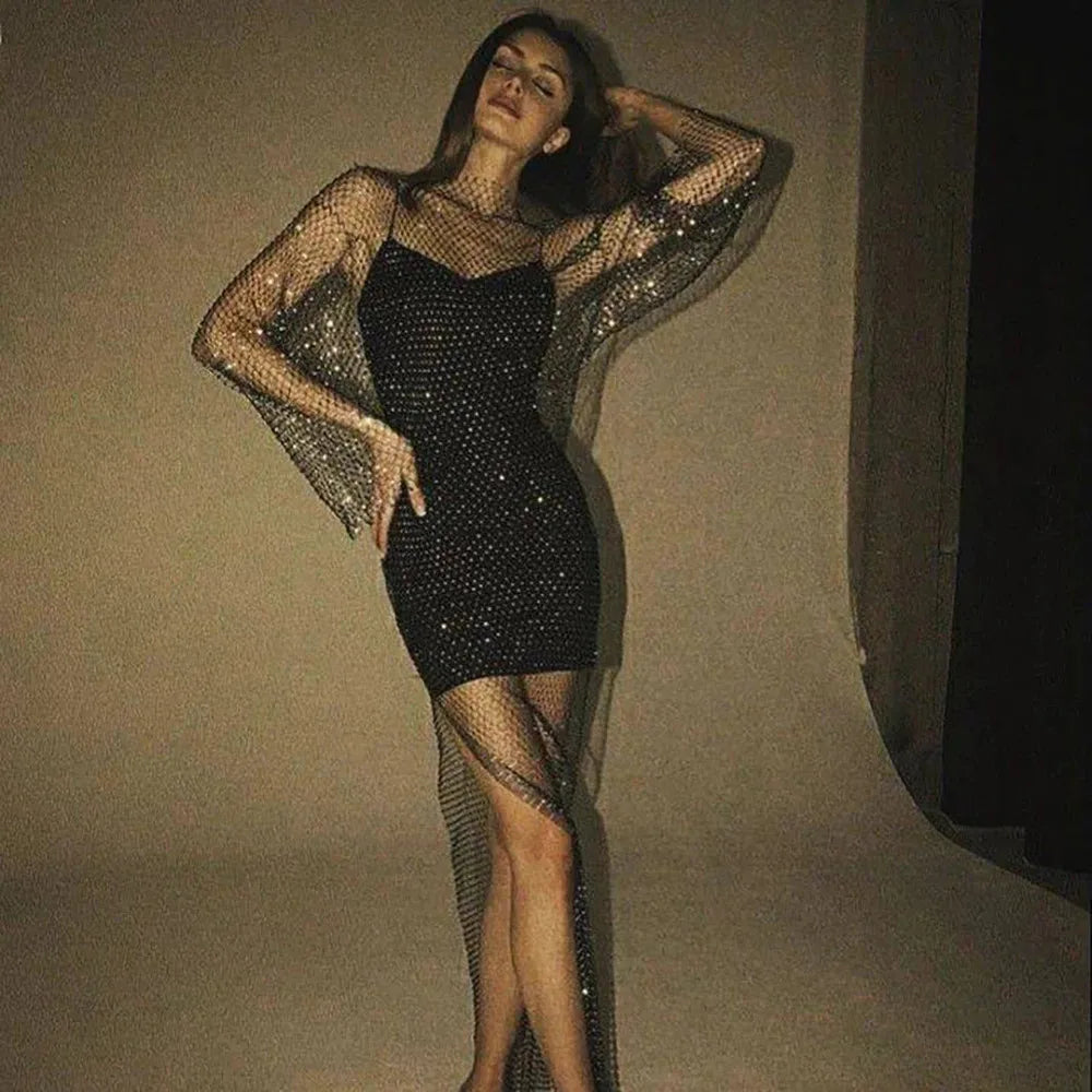 maoxiangshop-Y2K Sexy Shiny Rhinestones Grid Fishnet Dress Long Sleeve Hollow Out Side Slit Dress Beach Cover Up Breathable Lady Vestidos