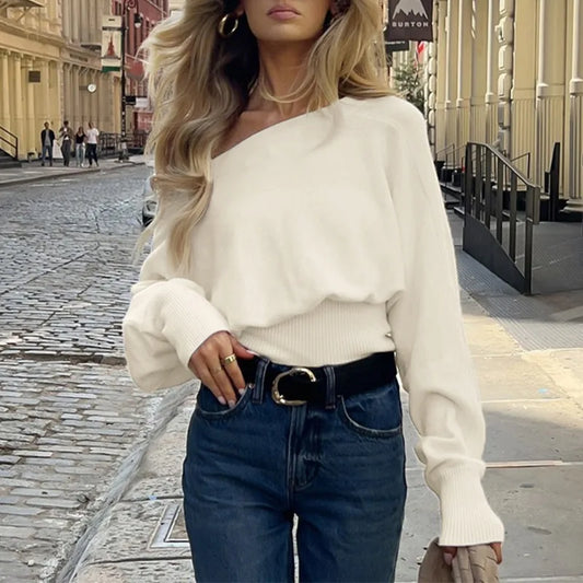 maoxiangshop  -  Casual Off-Shoulder Sweater Women's Autumn Warm Long-Sleeved Knitted Sweater Solid High Waist Loose Female Knitted Top