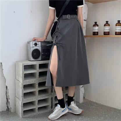 maoxiangshop Vintage Dark Gothic High Split Mid-Calf Skirts Women Elegant Fashion Party Club High Waist Femme Bottom Streetwear Goth Skirt