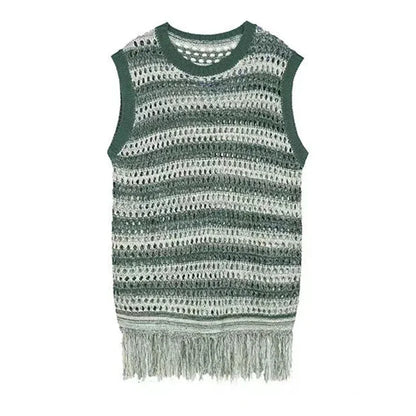 maoxiangshop Striped Mesh Vest for Men Vintage Knit Tank Tops Sleeveless Tee Male Casual Summer Beach Japanese Streetwear Hip Hop