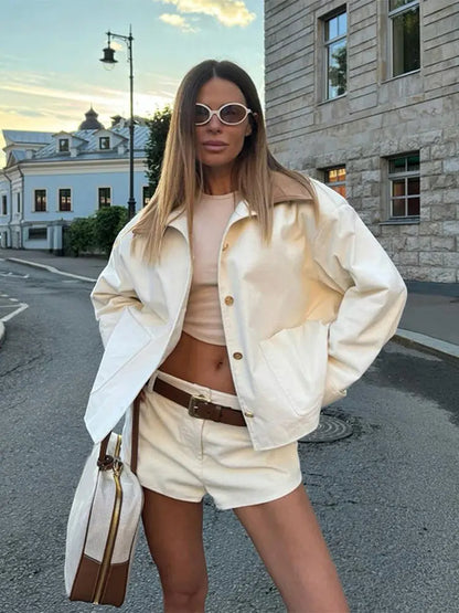 maoxiangshop  -  Fashion White Single Breasted Women's Jacket Casual Pocket Long Sleeved Loose Outwear 2024 Autumn New Chic High Street Coat