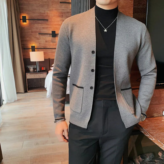 maoxiangshop Knitted Cardigan Men Autumn Long Sleeve Slim Fit Sweater Coat Business Casual Sweatercoat Streetwear Men Clothing