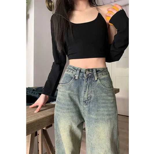 Vintage Wide Leg Jeans for Women Streetwear High Waist Loose Straight Denim Pants Female 2024 Spring Wild Casual Trousers