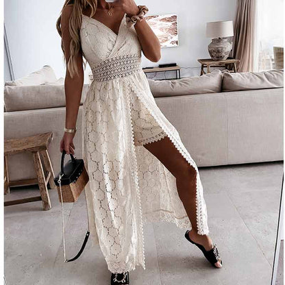 Boho Dress Women Summer Maxi Dress Lady Off Shoulder Holiday Lace V Neck Spaghetti Strap Sundress White Dress Vestidos De Mujer