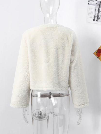 maoxiangshop  -  2024 Winter Lambs Wool Jacket Coat Loose O-neck Leather Knot Buckle Long Sleeve Plush Jackets Autumn Fashion Lady Solid Outwear