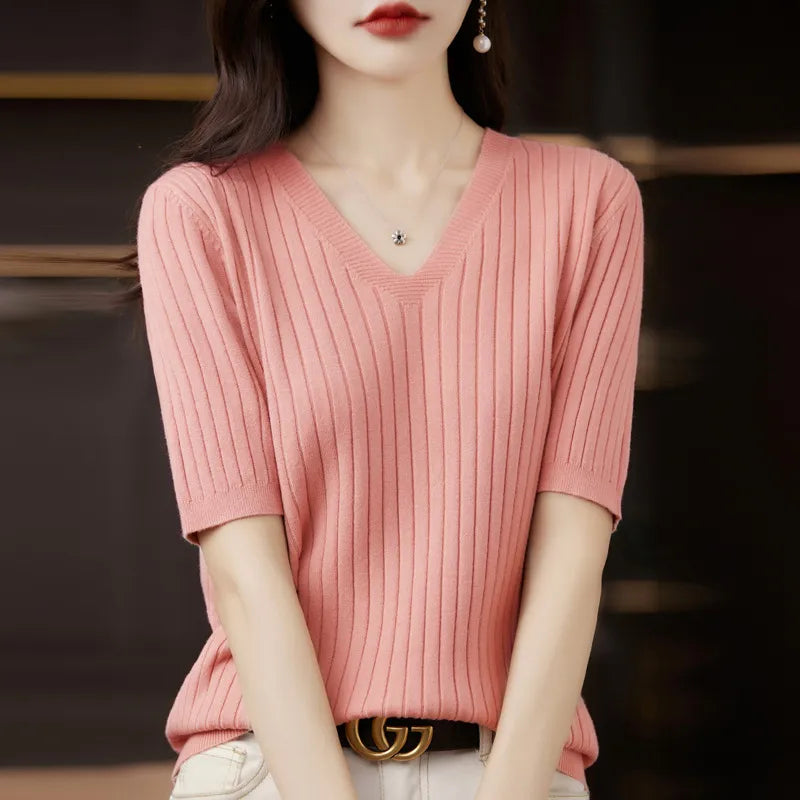 Women Sweater Short Sleeve V-neck Stripe Knitwears Slim Fit Shirt Korean Fashion Pullovers Thin Knit Tops 2023 Bottoming Shirts