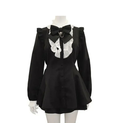 maoxiangshop  -  Japanese Style Gothic Y2k Lolita Plaid Rhinestone Bow Dress Shorts Set Sweet Women Puff Short Sleeve Button Shirt Party Dresses